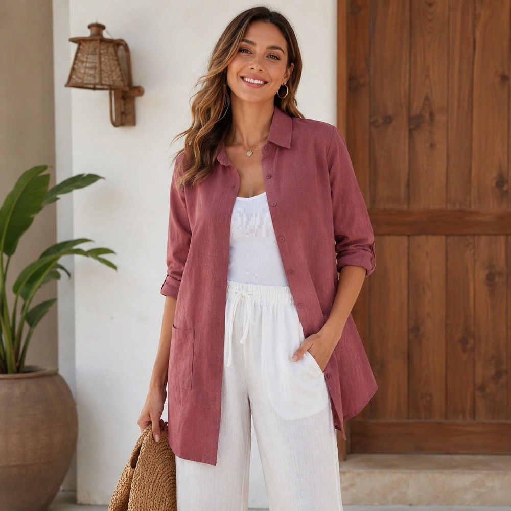Minibee Womens Mauve Cotton Linen Button Down Tunic Shirt Pockets Large NEW